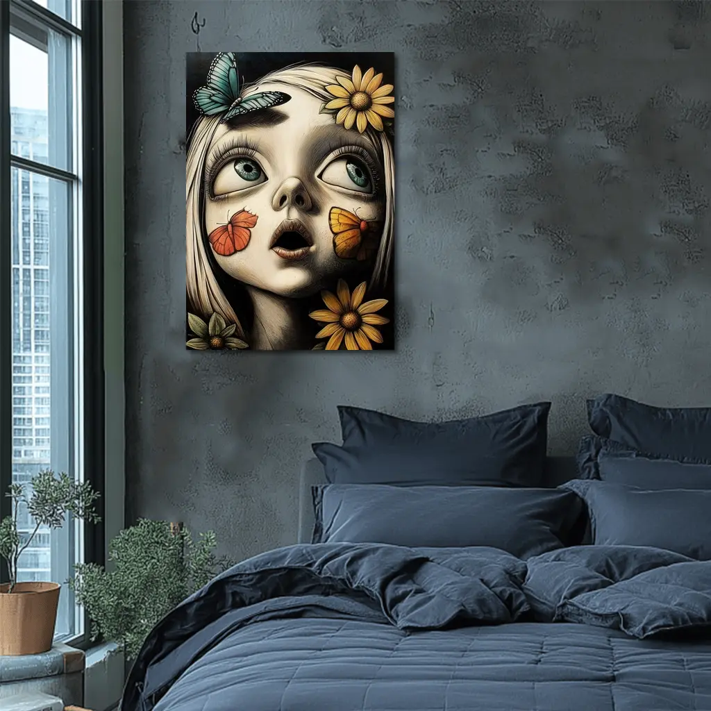 Surreal Girl Portrait Butterflies Sunflowers Dark Background – Wall Art
