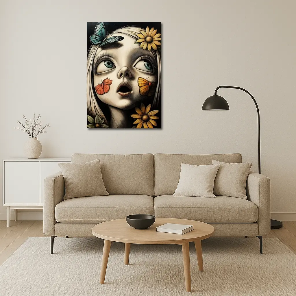 Surreal Girl Portrait Butterflies Sunflowers Dark Background – Wall Art