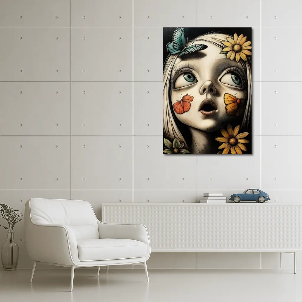 Surreal Girl Portrait Butterflies Sunflowers Dark Background – Wall Art