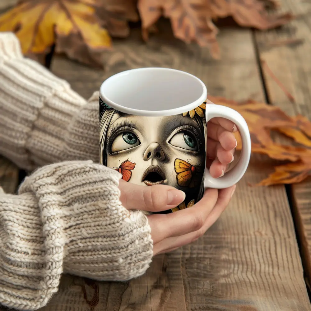 Surreal Girl Portrait Butterflies Sunflowers Dark Background – Mugs