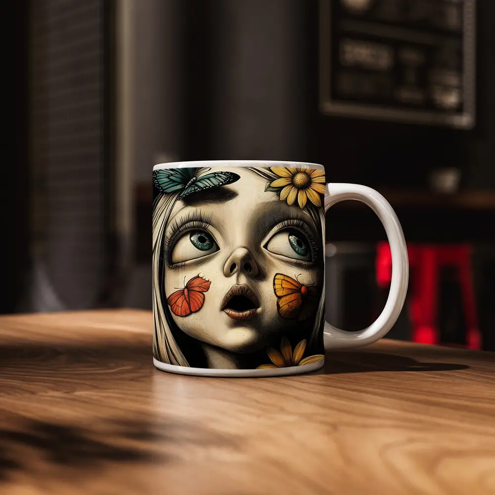 Surreal Girl Portrait Butterflies Sunflowers Dark Background – Mugs