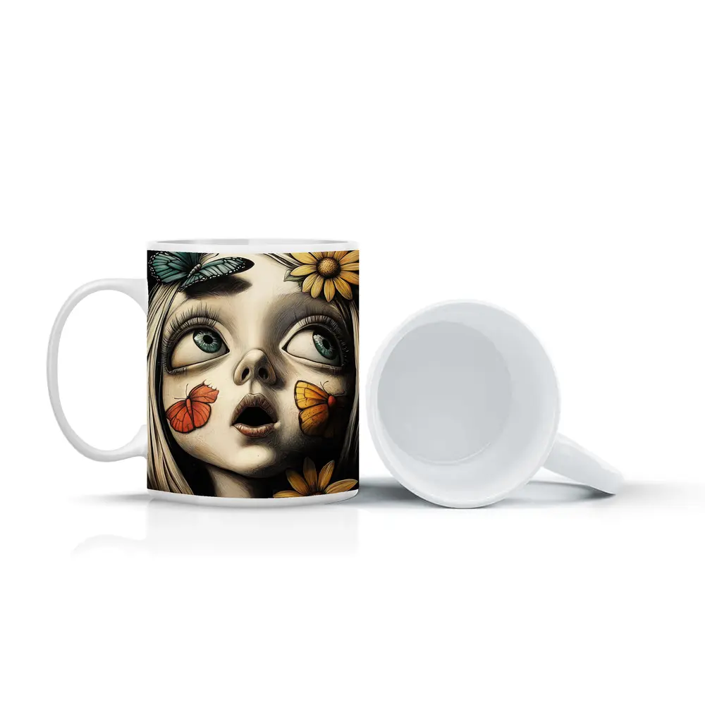 Surreal Girl Portrait Butterflies Sunflowers Dark Background – Mugs