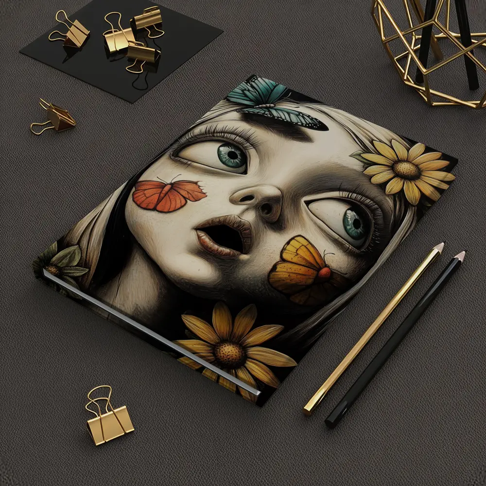 Surreal Girl Portrait Butterflies Sunflowers Dark Background – Notebooks