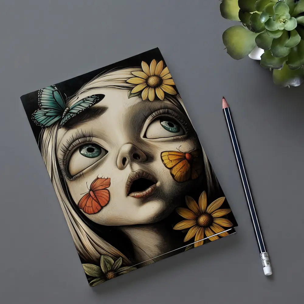 Surreal Girl Portrait Butterflies Sunflowers Dark Background – Notebooks