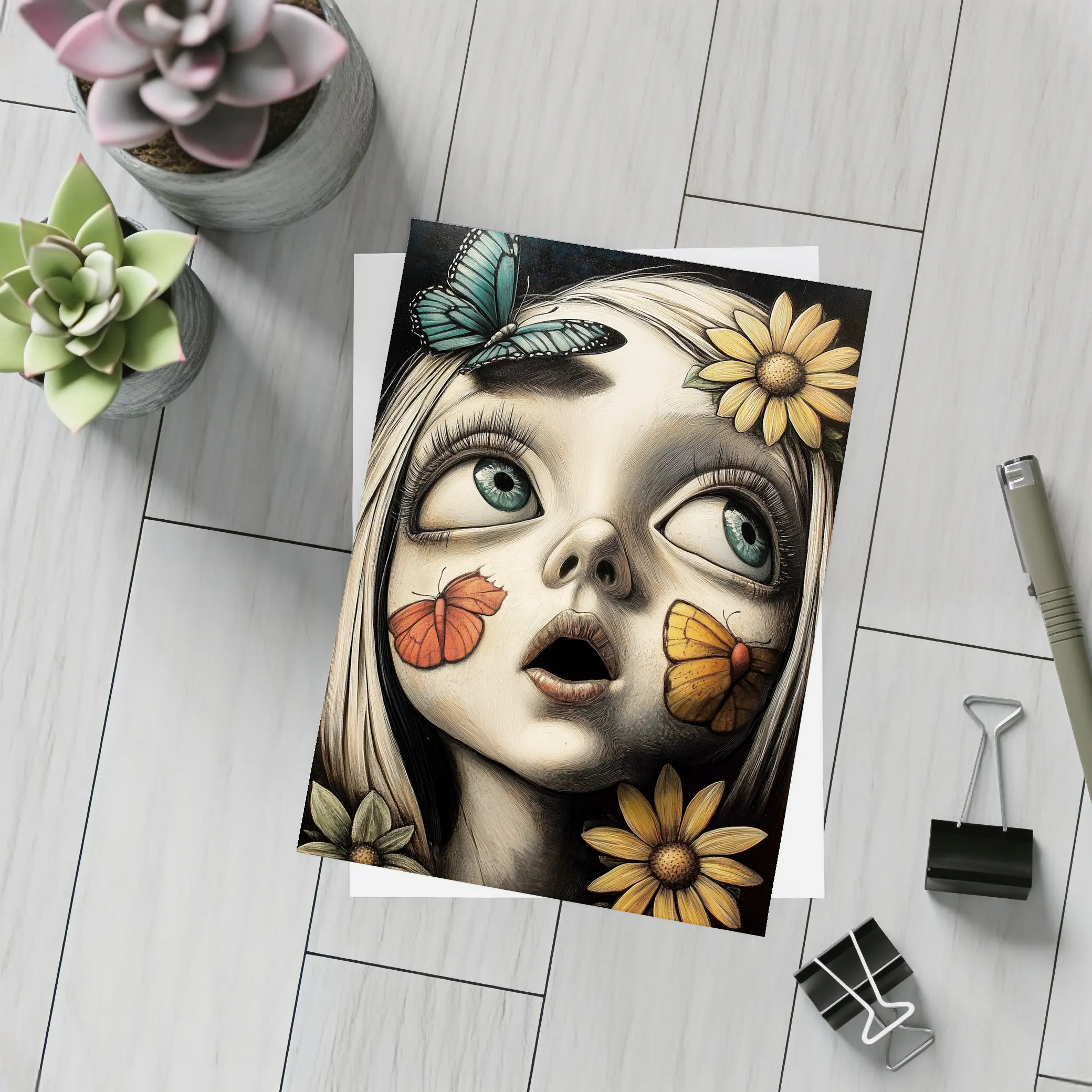 Surreal Girl Portrait Butterflies Sunflowers Dark Background – Postcards