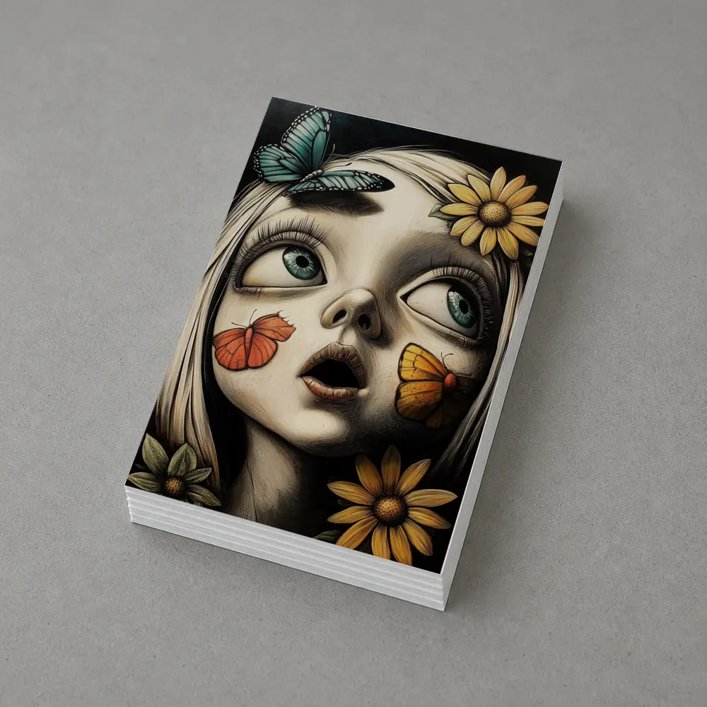 Surreal Girl Portrait Butterflies Sunflowers Dark Background – Postcards