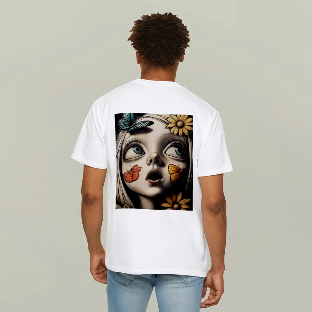 Surreal Girl Portrait Butterflies Sunflowers Dark Background – T-Shirts