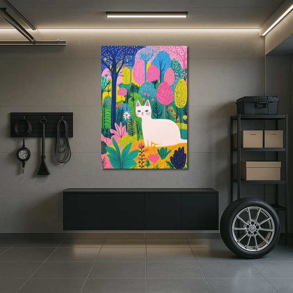 White Cat Colorful Folk Art Forest – Wall Art