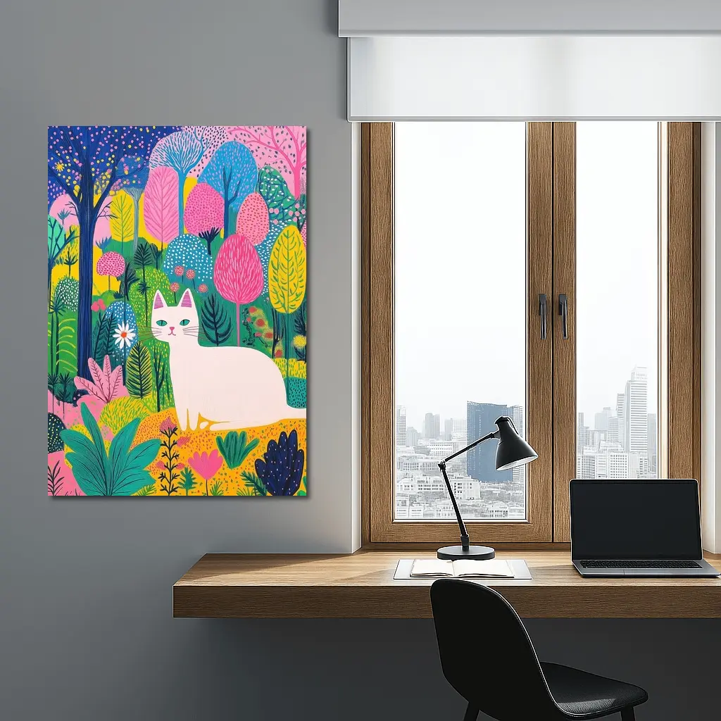 White Cat Colorful Folk Art Forest – Wall Art