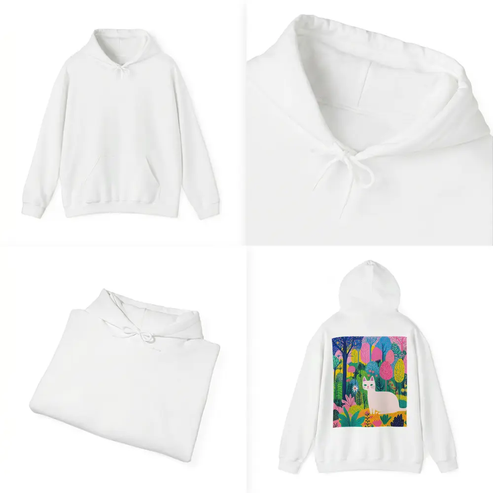 White Cat Colorful Folk Art Forest – Hoodies