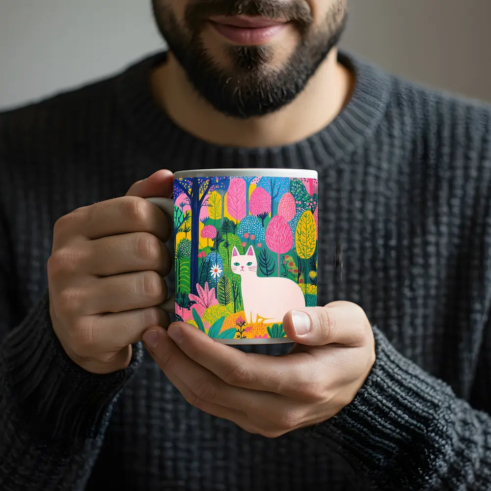 White Cat Colorful Folk Art Forest – Mugs