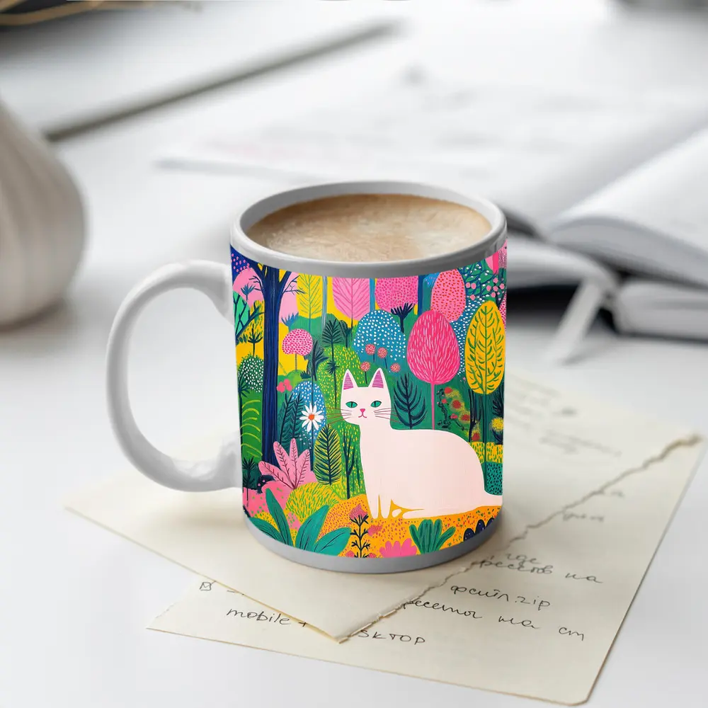 White Cat Colorful Folk Art Forest – Mugs