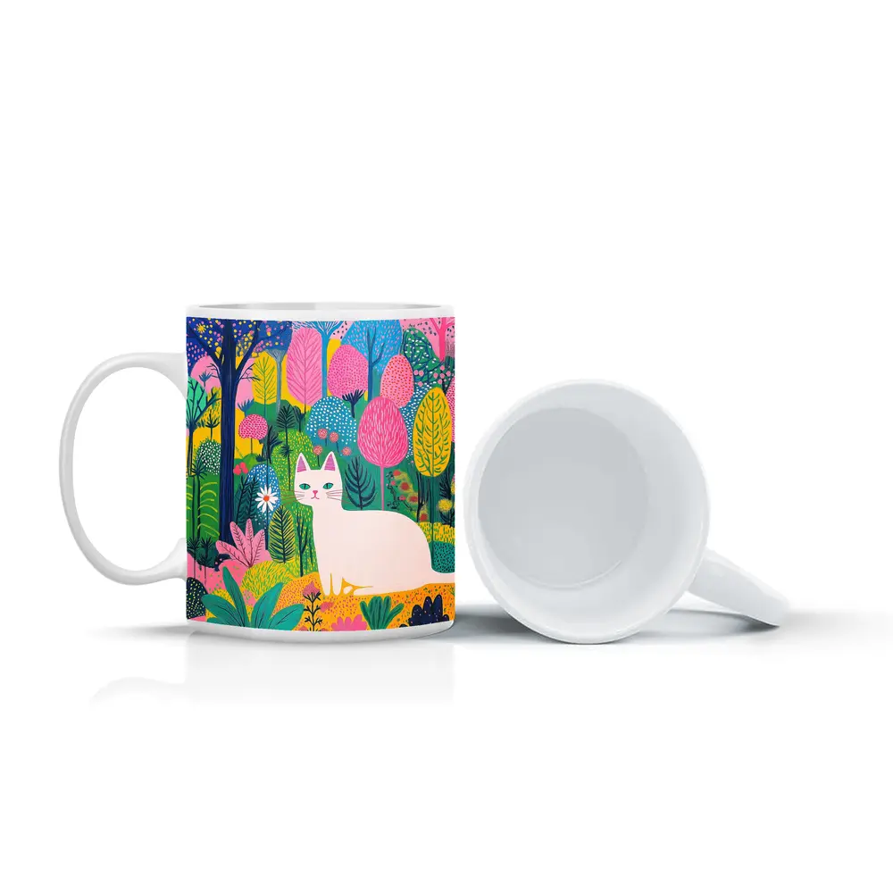 White Cat Colorful Folk Art Forest – Mugs