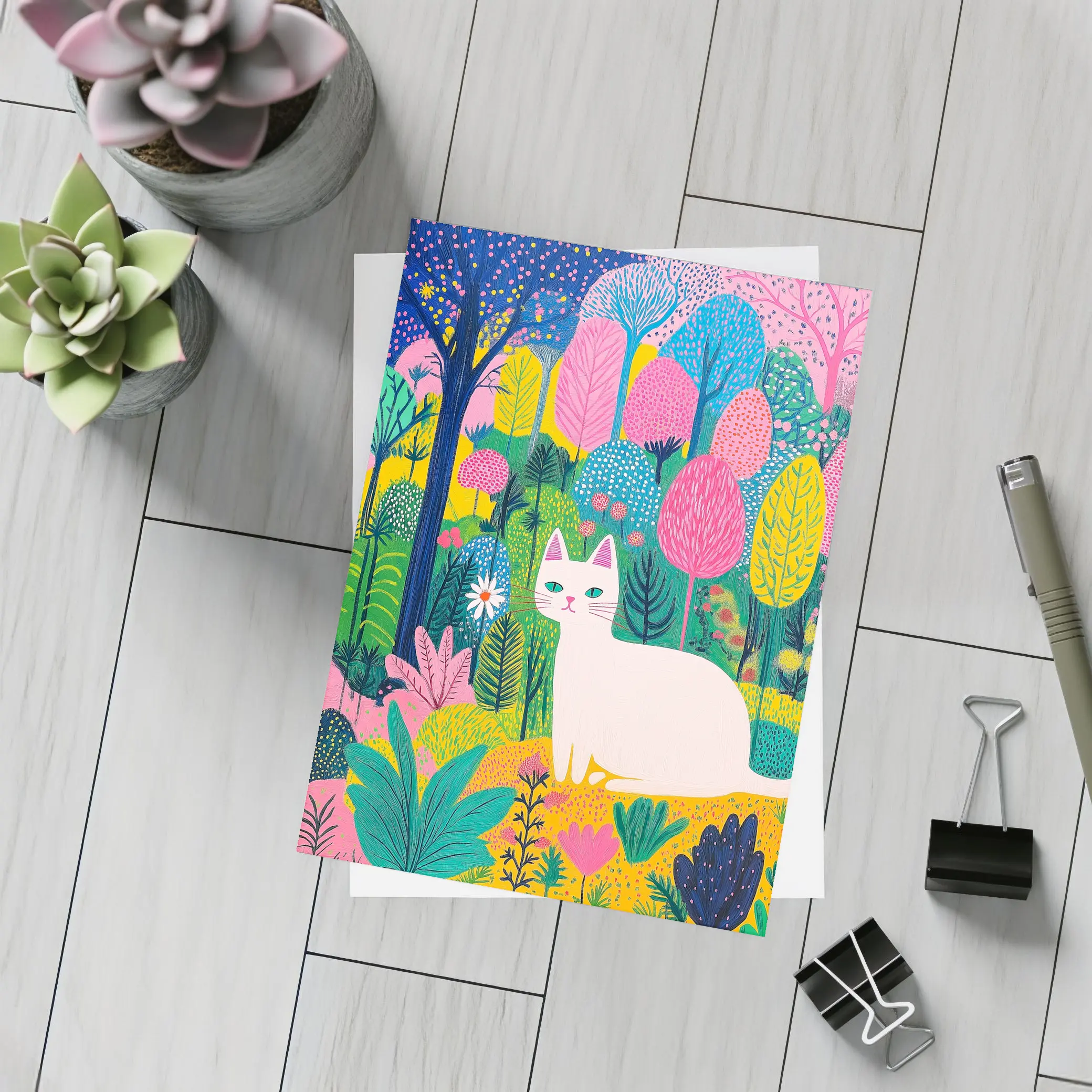 White Cat Colorful Folk Art Forest – Postcards
