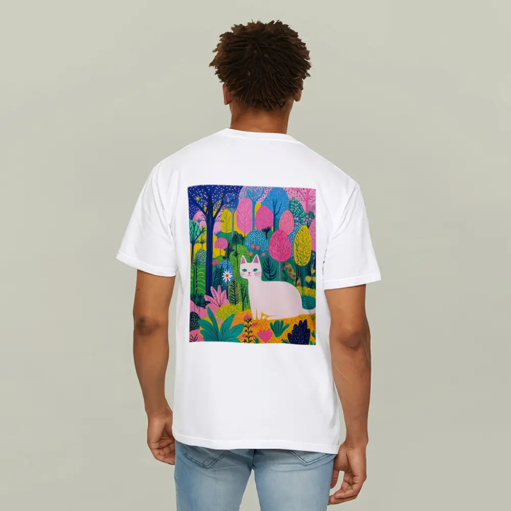 White Cat Colorful Folk Art Forest – T-Shirts