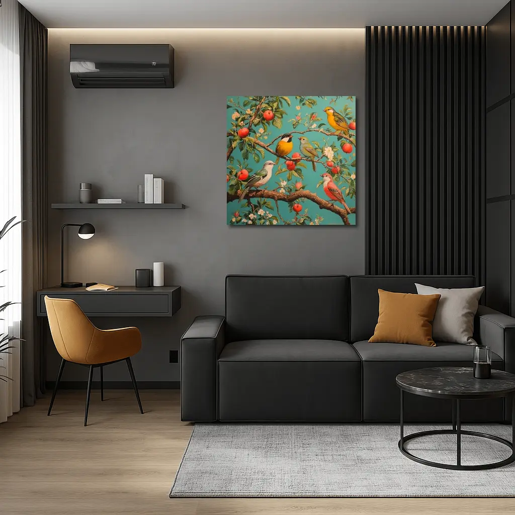 Colorful Birds Perched On Apple Tree – Wall Art