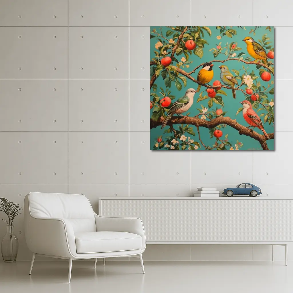 Colorful Birds Perched On Apple Tree – Wall Art