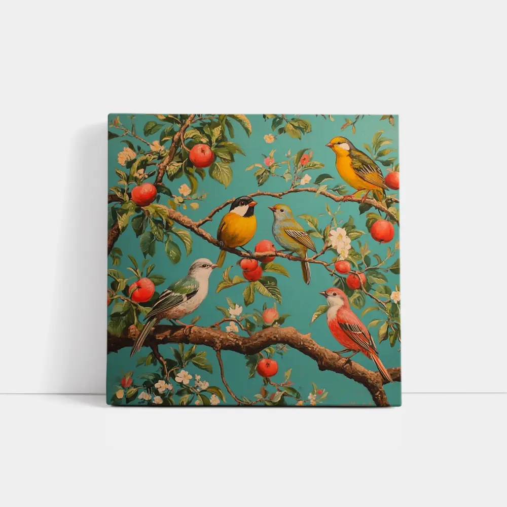 Colorful Birds Perched On Apple Tree – Wall Art