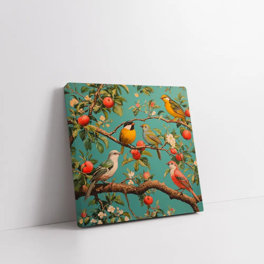 Colorful Birds Perched On Apple Tree – Wall Art