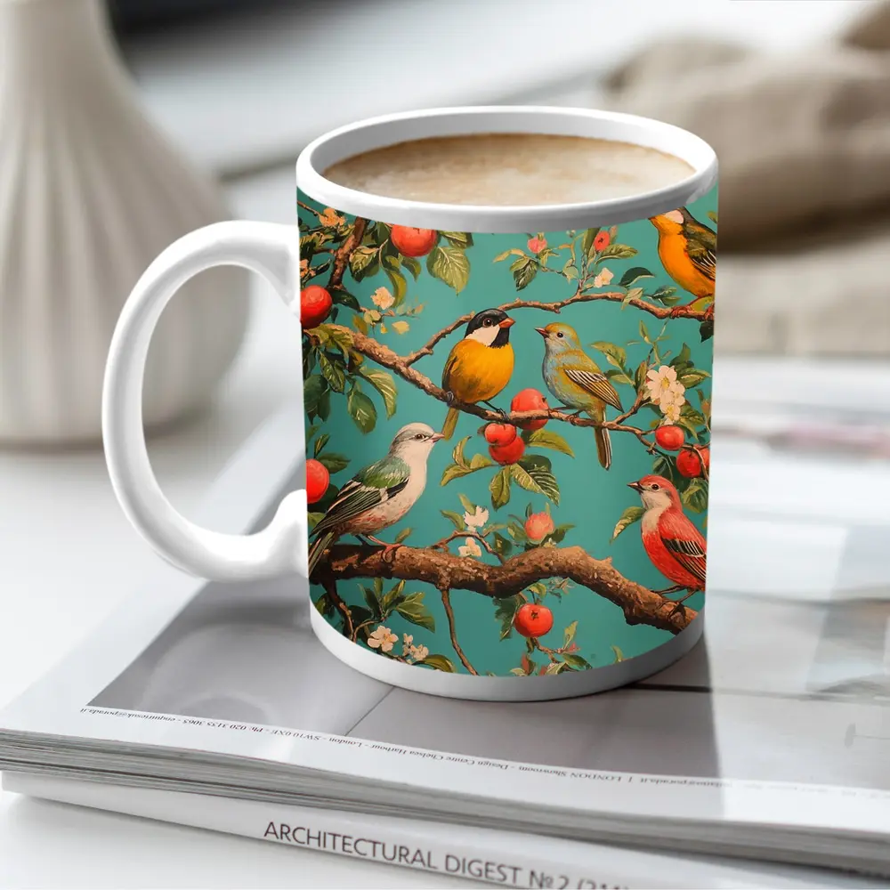 Colorful Birds Perched On Apple Tree – Mugs
