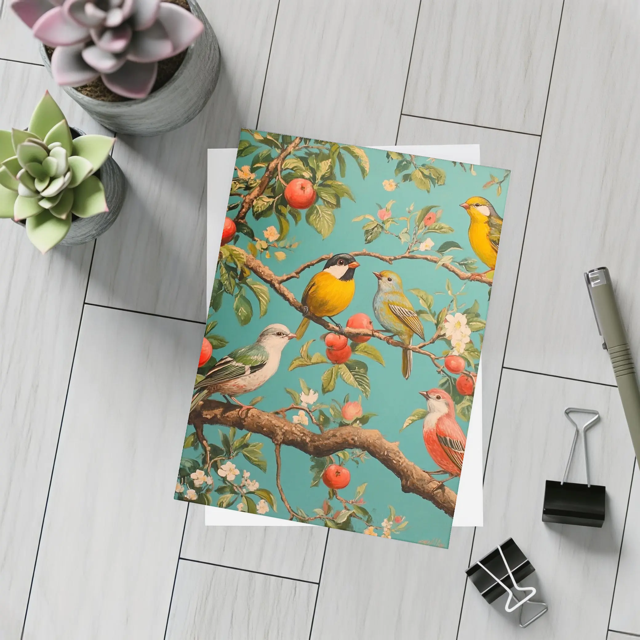 Colorful Birds Perched On Apple Tree – Postcards