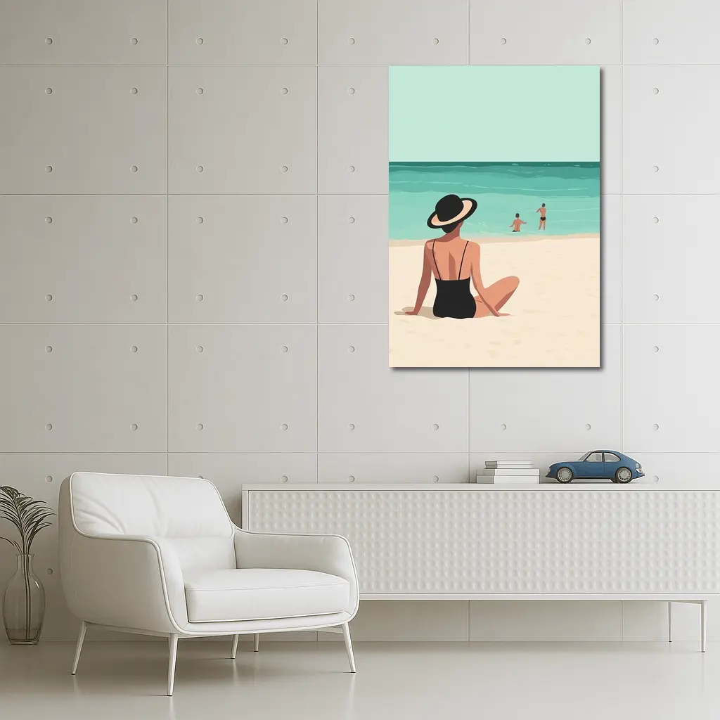 Woman In Hat Sitting On Beach – Wall Art