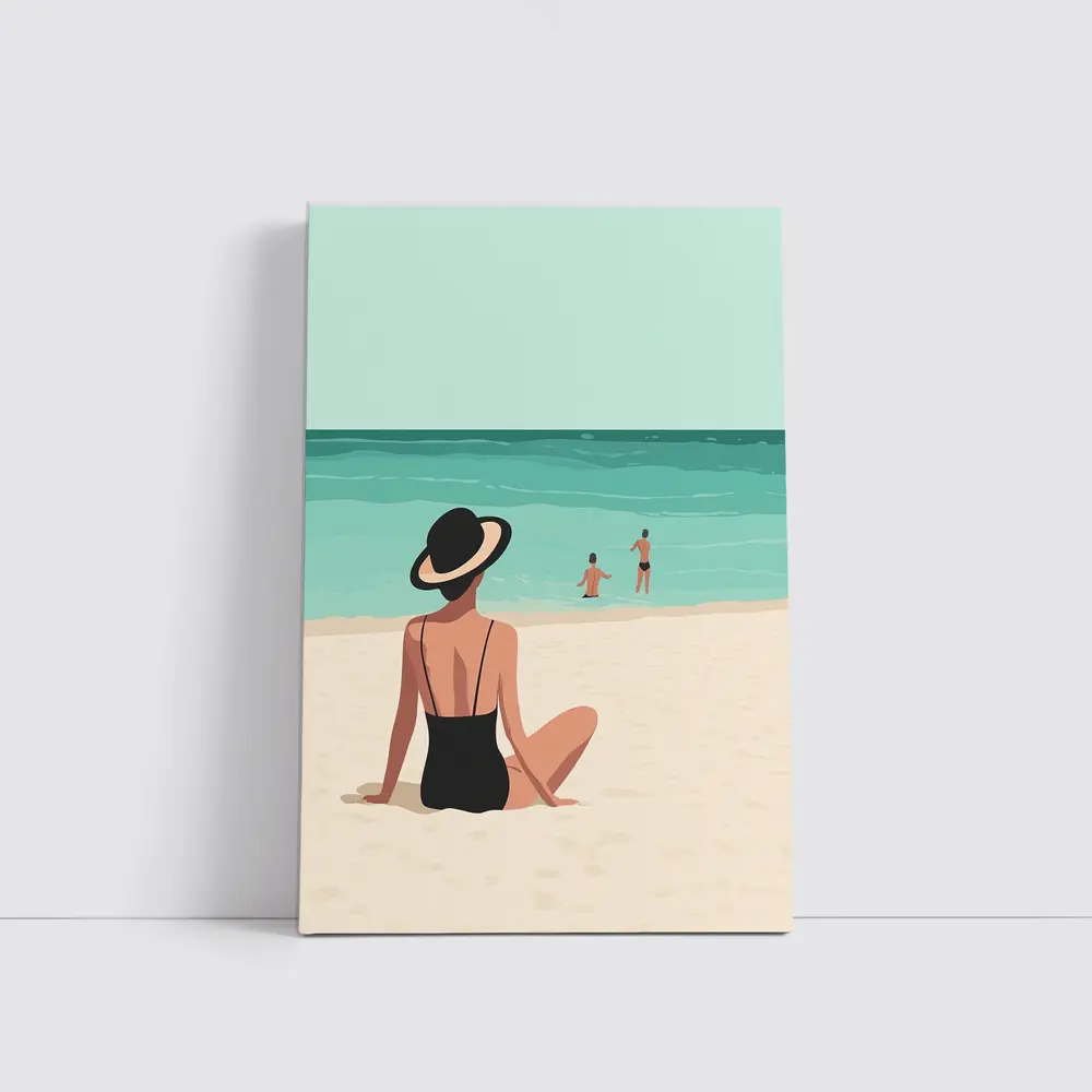 Woman In Hat Sitting On Beach – Wall Art