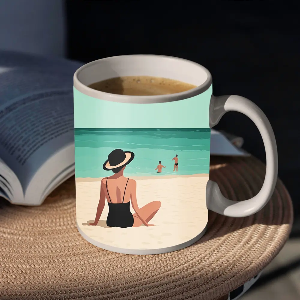 Woman In Hat Sitting On Beach – Mugs