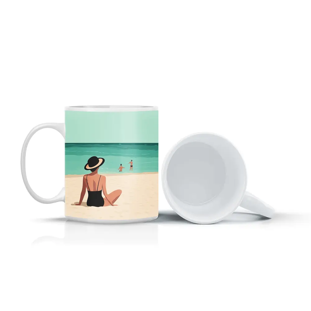 Woman In Hat Sitting On Beach – Mugs