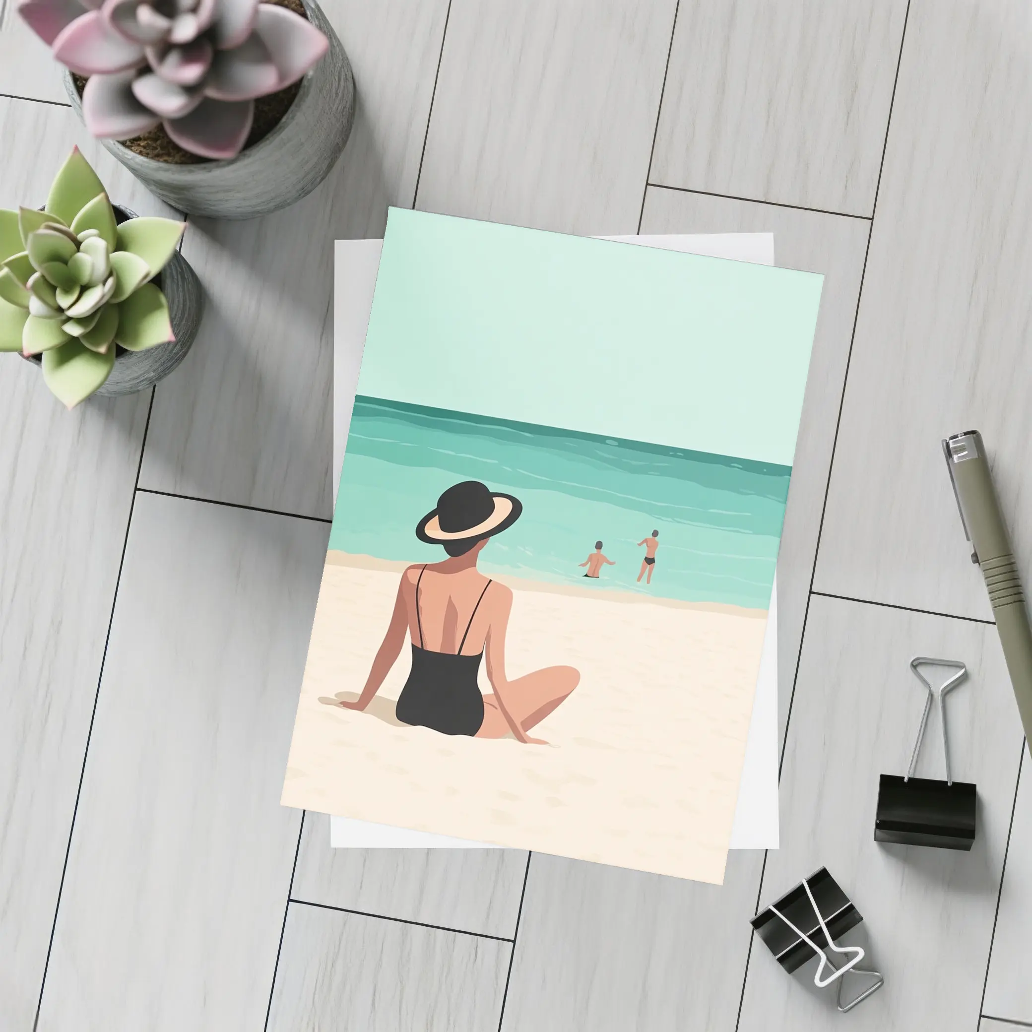 Woman In Hat Sitting On Beach – Postcards