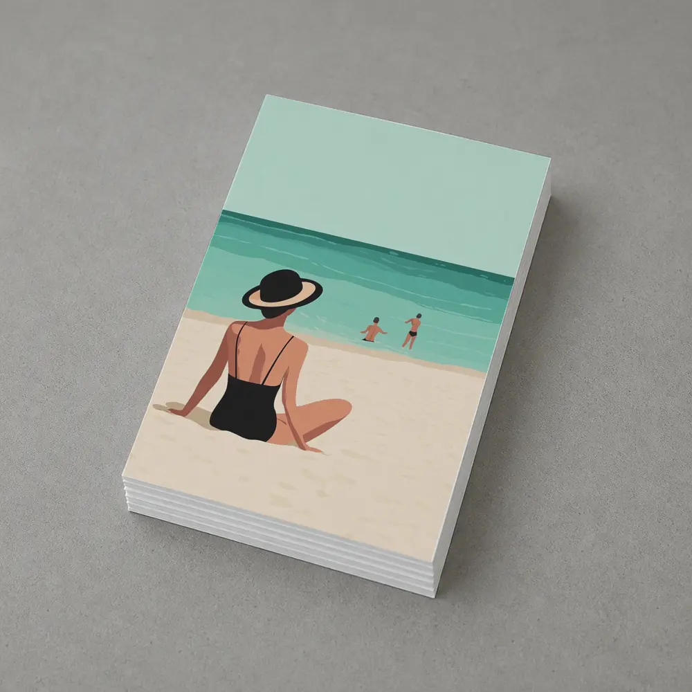 Woman In Hat Sitting On Beach – Postcards