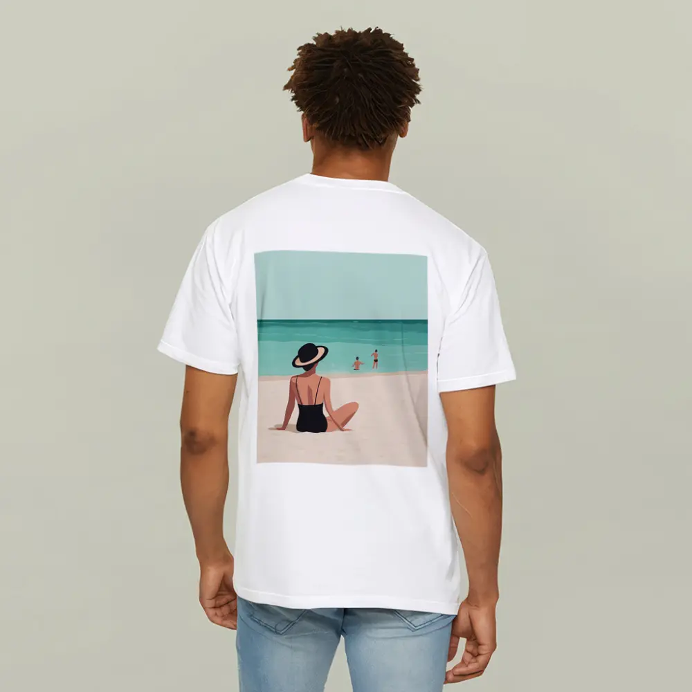 Woman In Hat Sitting On Beach – T-Shirts