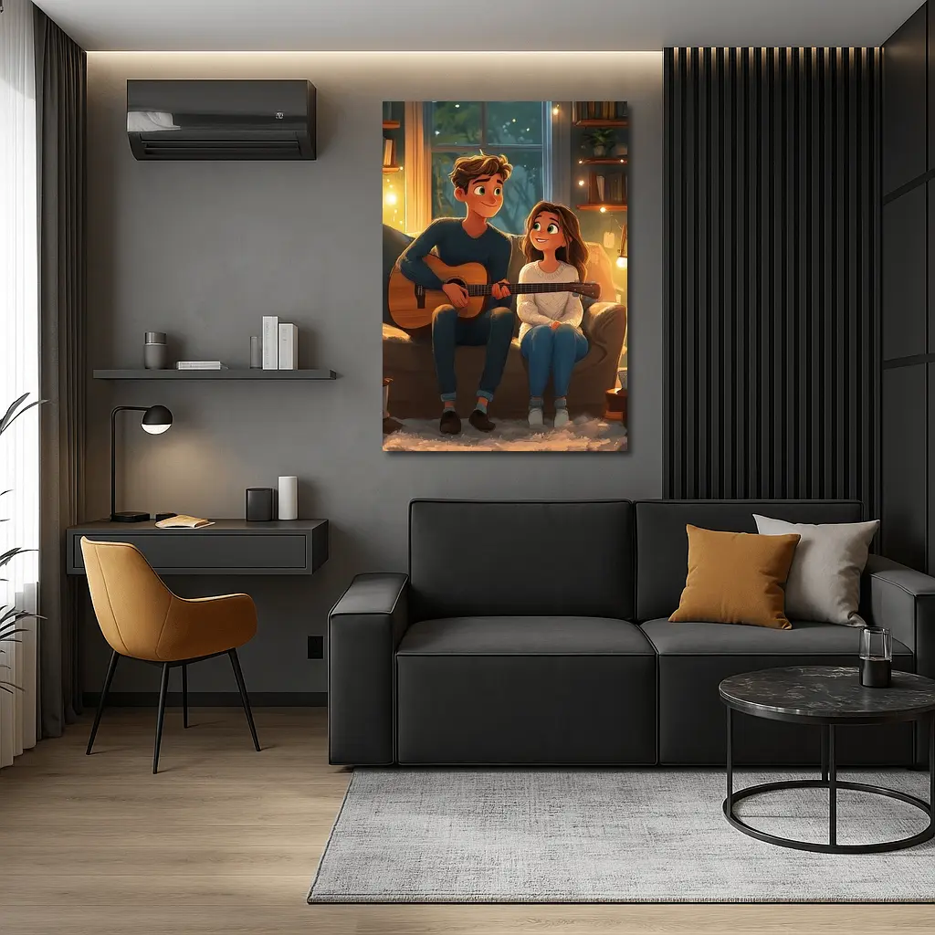 Cartoon Couple Playing Guitar Cozy Room – Wall Art