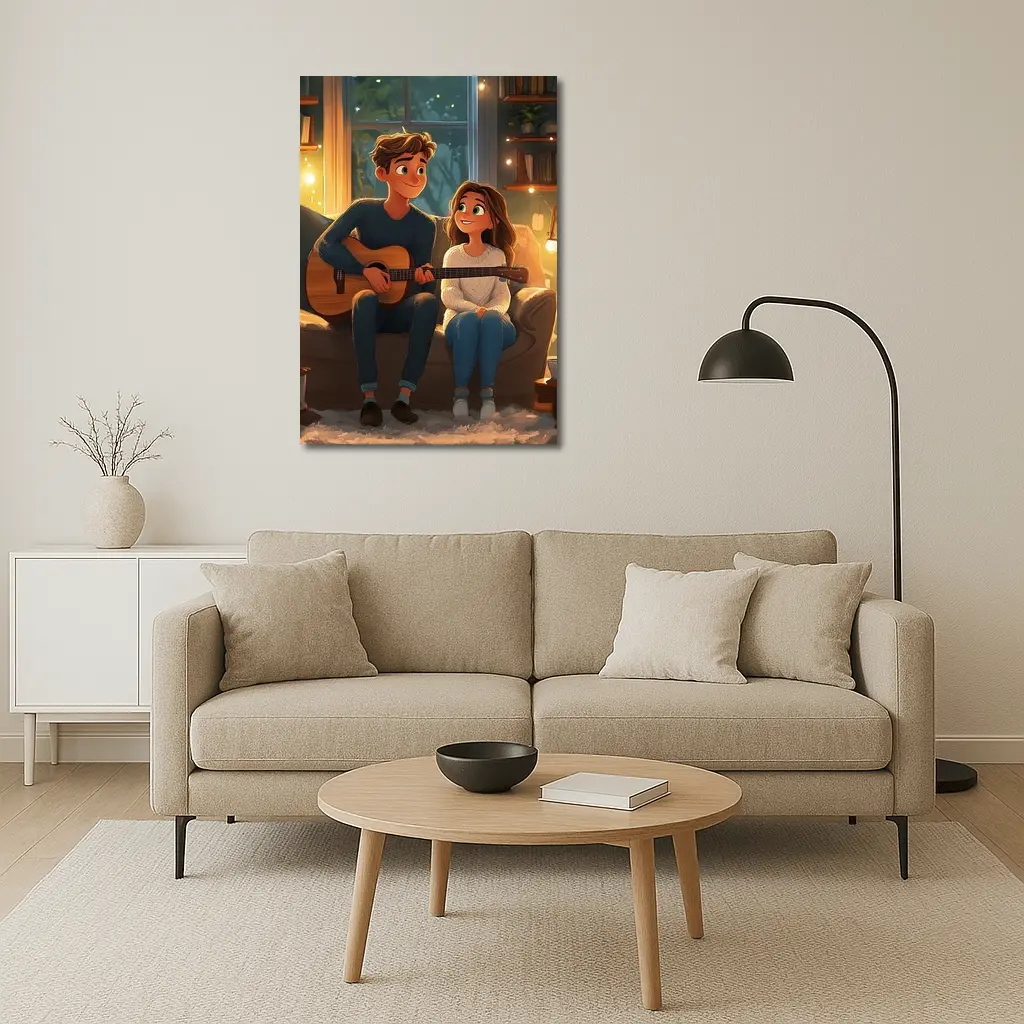 Cartoon Couple Playing Guitar Cozy Room – Wall Art