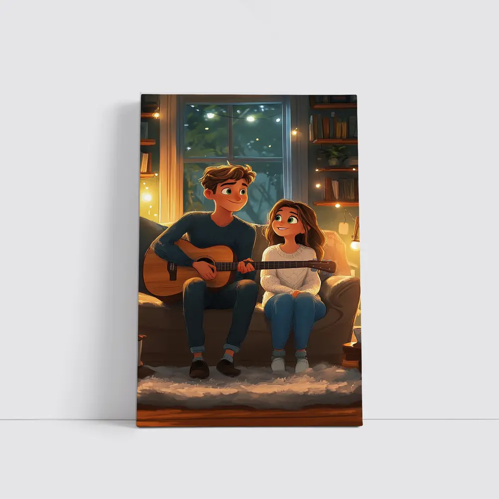 Cartoon Couple Playing Guitar Cozy Room – Wall Art