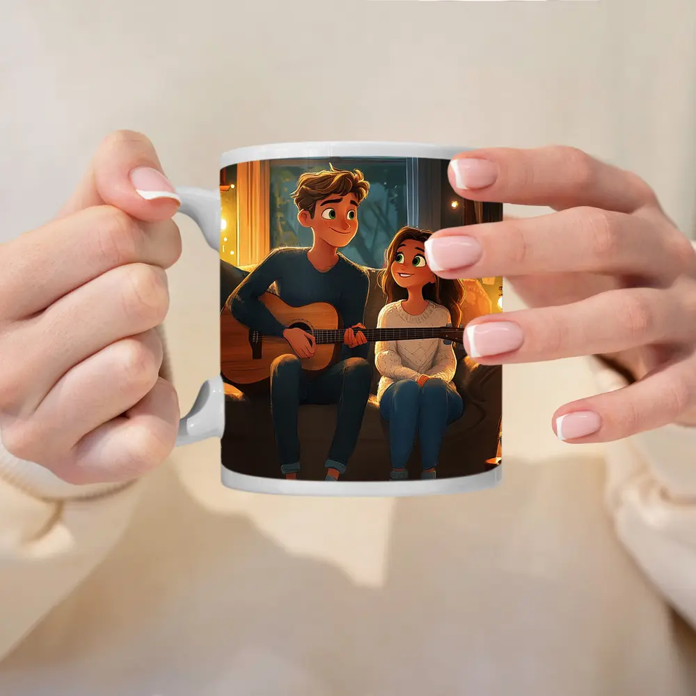 Cartoon Couple Playing Guitar Cozy Room – Mugs