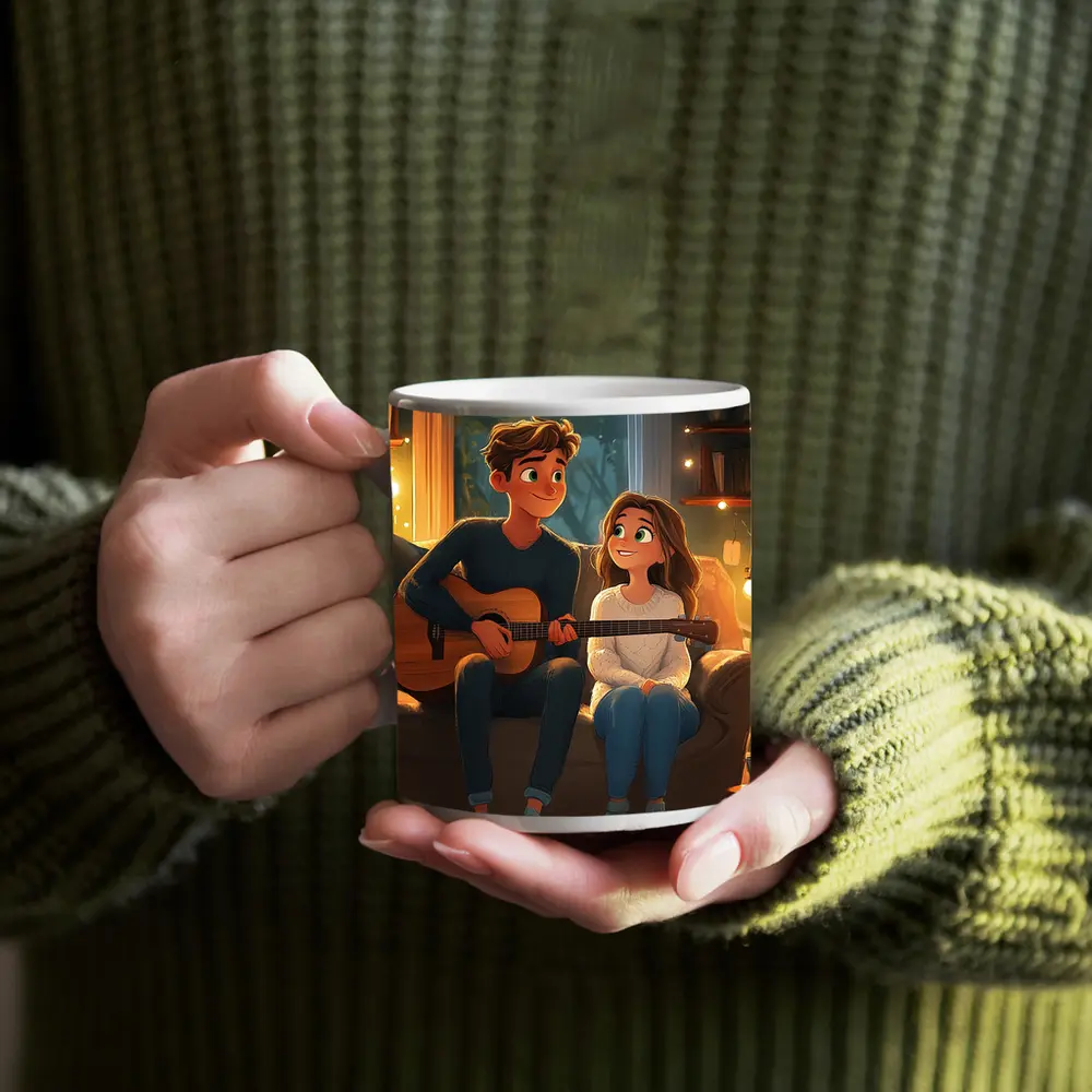 Cartoon Couple Playing Guitar Cozy Room – Mugs
