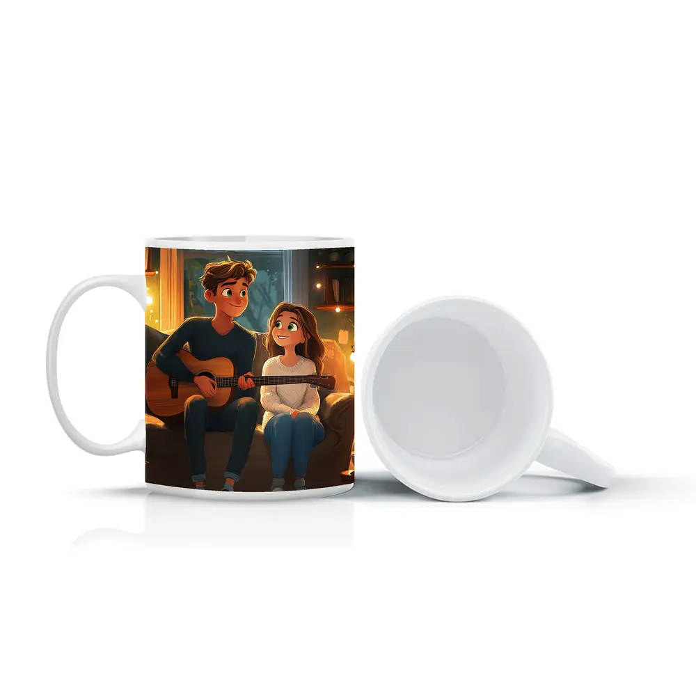 Cartoon Couple Playing Guitar Cozy Room – Mugs