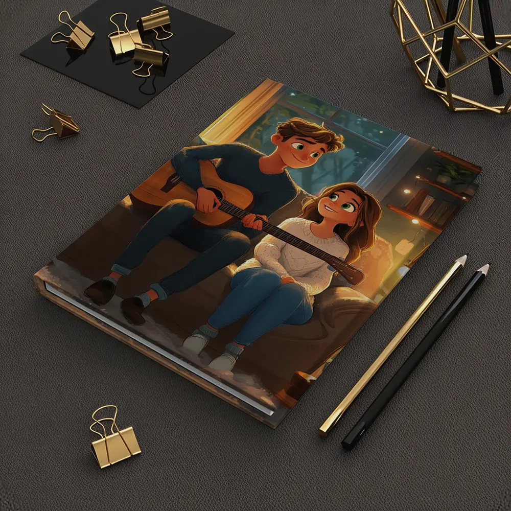 Cartoon Couple Playing Guitar Cozy Room – Notebooks