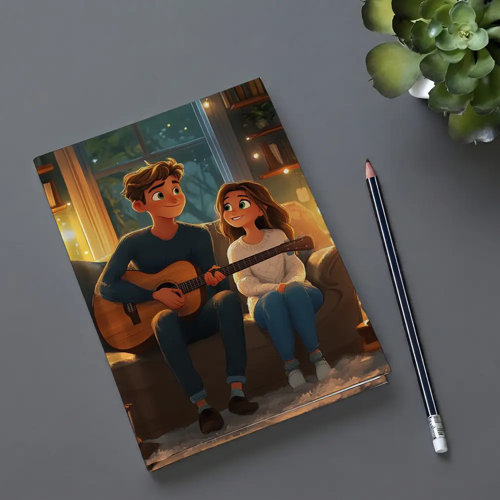Cartoon Couple Playing Guitar Cozy Room – Notebooks