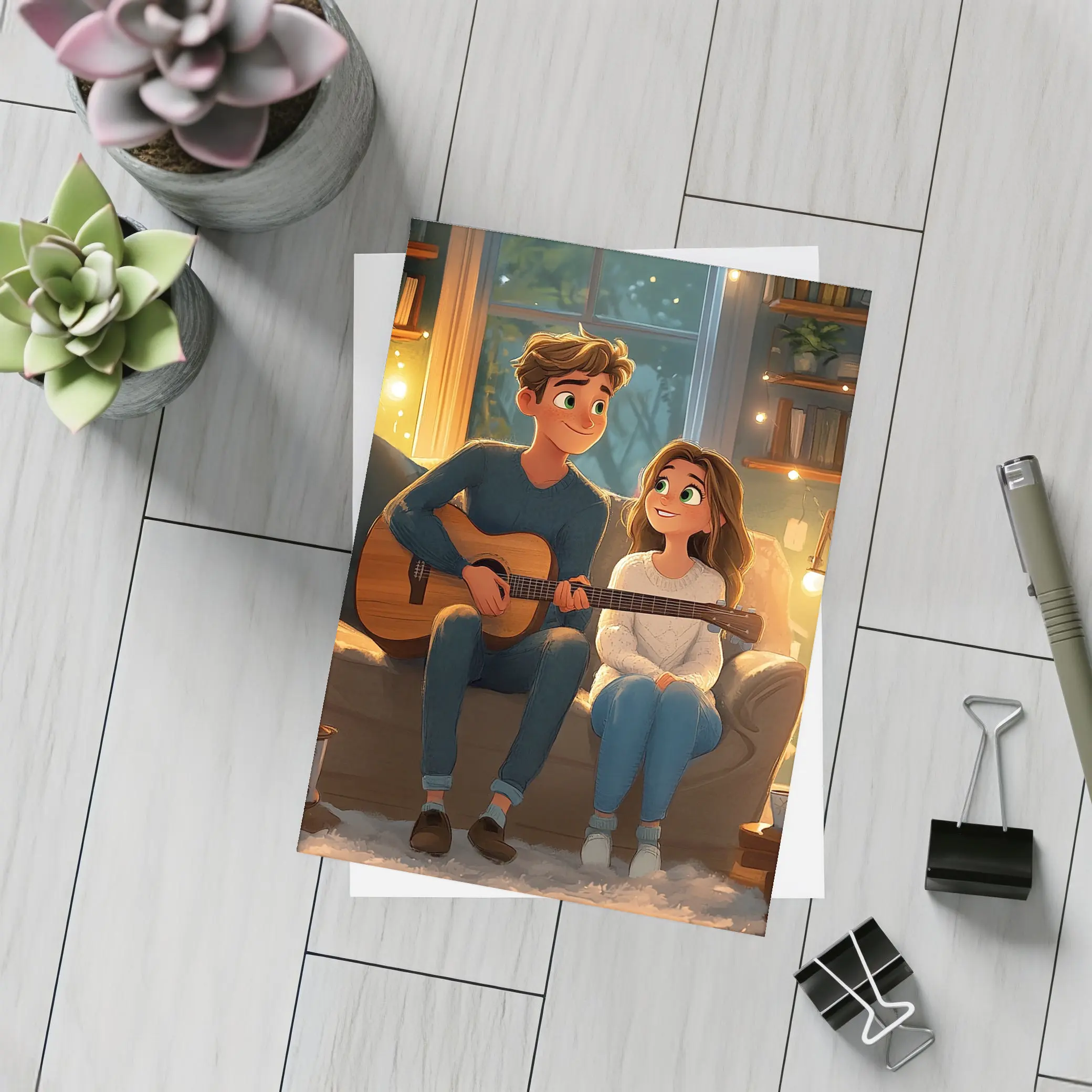 Cartoon Couple Playing Guitar Cozy Room – Postcards