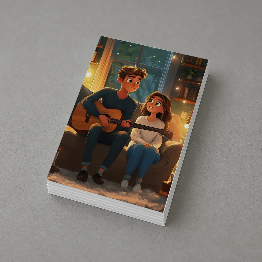 Cartoon Couple Playing Guitar Cozy Room – Postcards