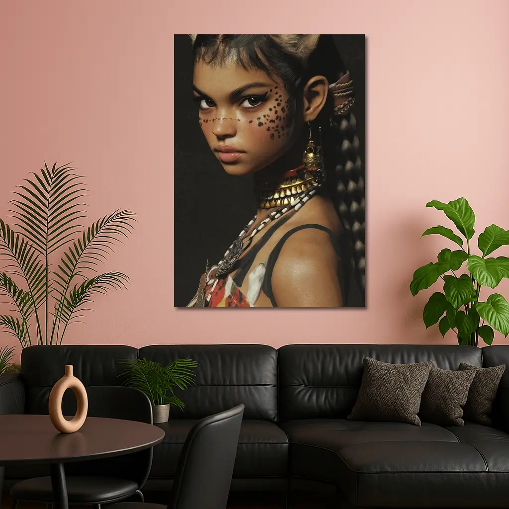 Fantasy Cat Girl Warrior Dark Background Portrait – Wall Art