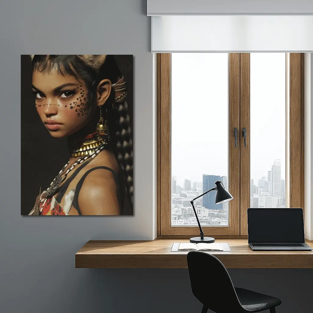 Fantasy Cat Girl Warrior Dark Background Portrait – Wall Art