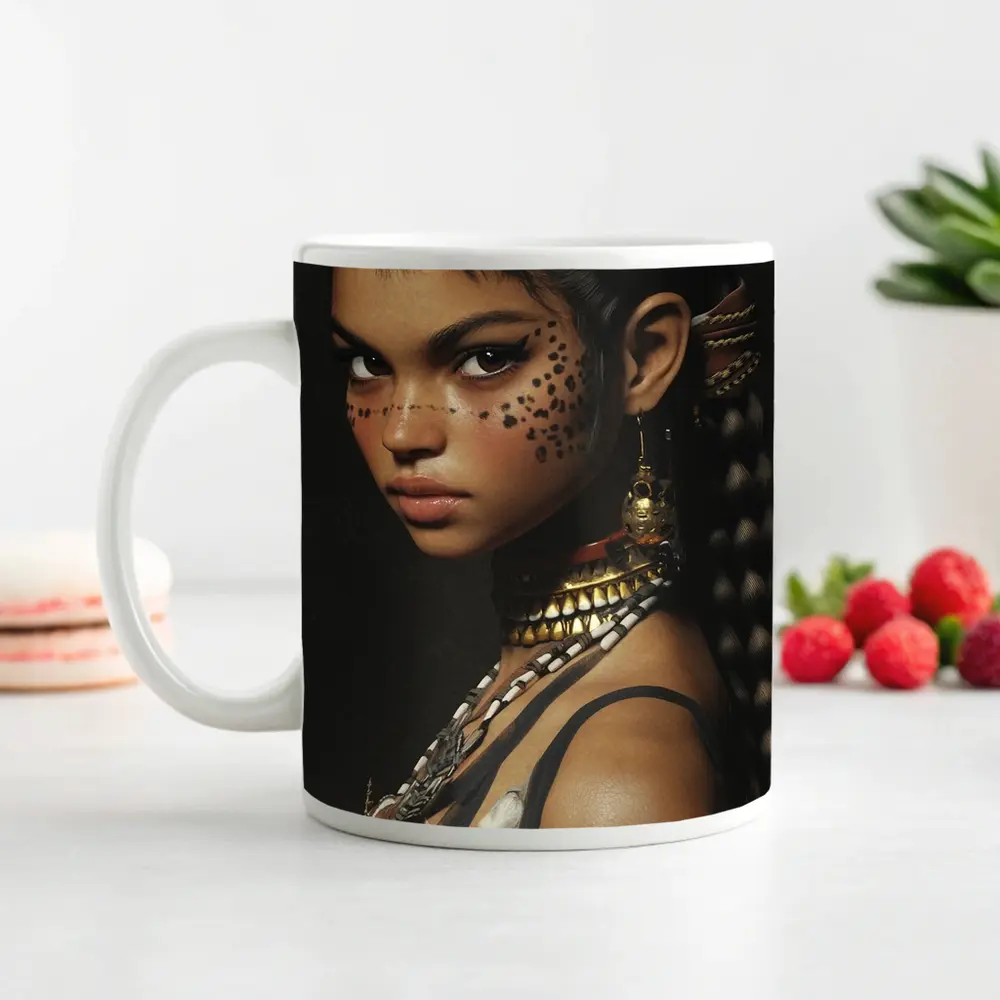 Fantasy Cat Girl Warrior Dark Background Portrait – Mugs
