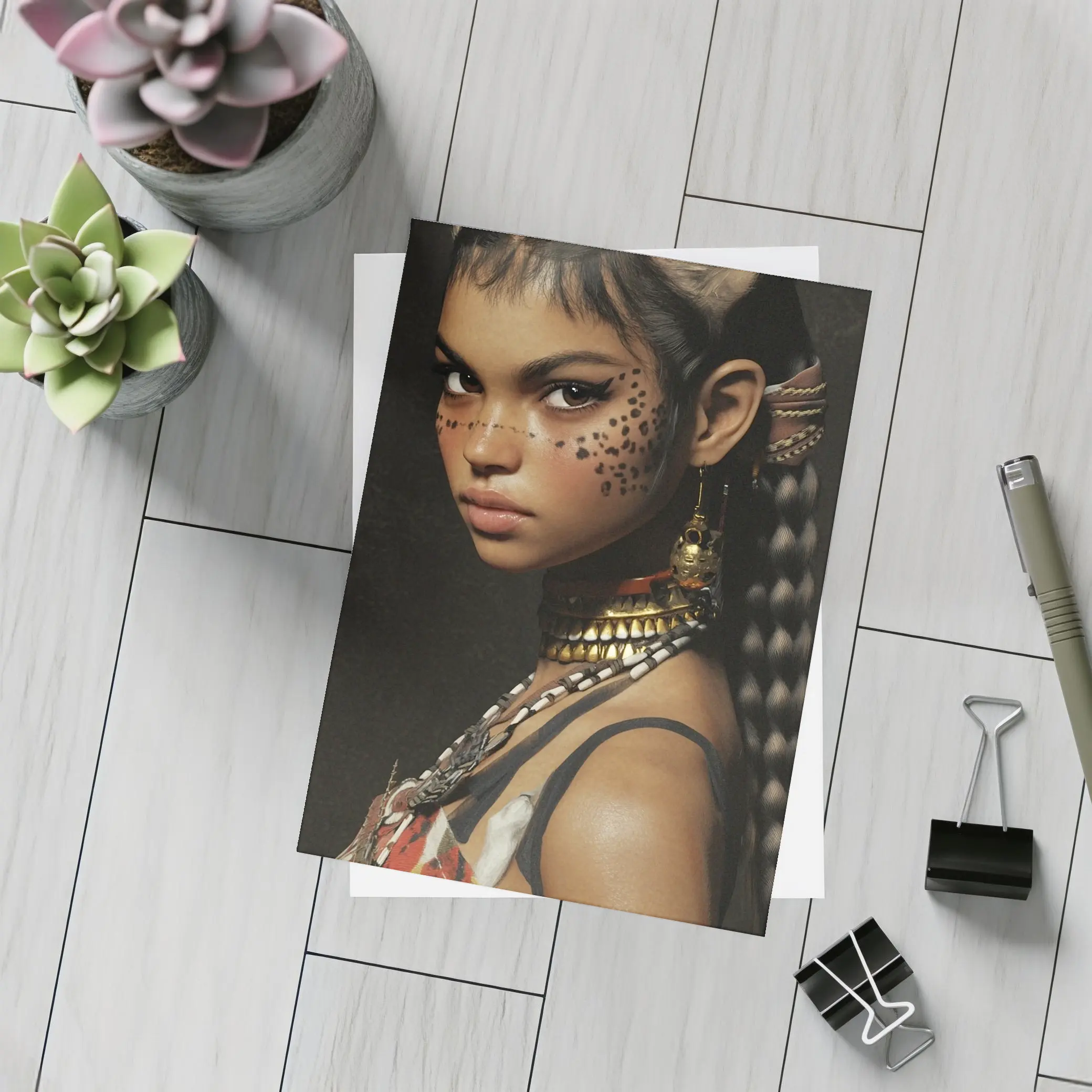 Fantasy Cat Girl Warrior Dark Background Portrait – Postcards