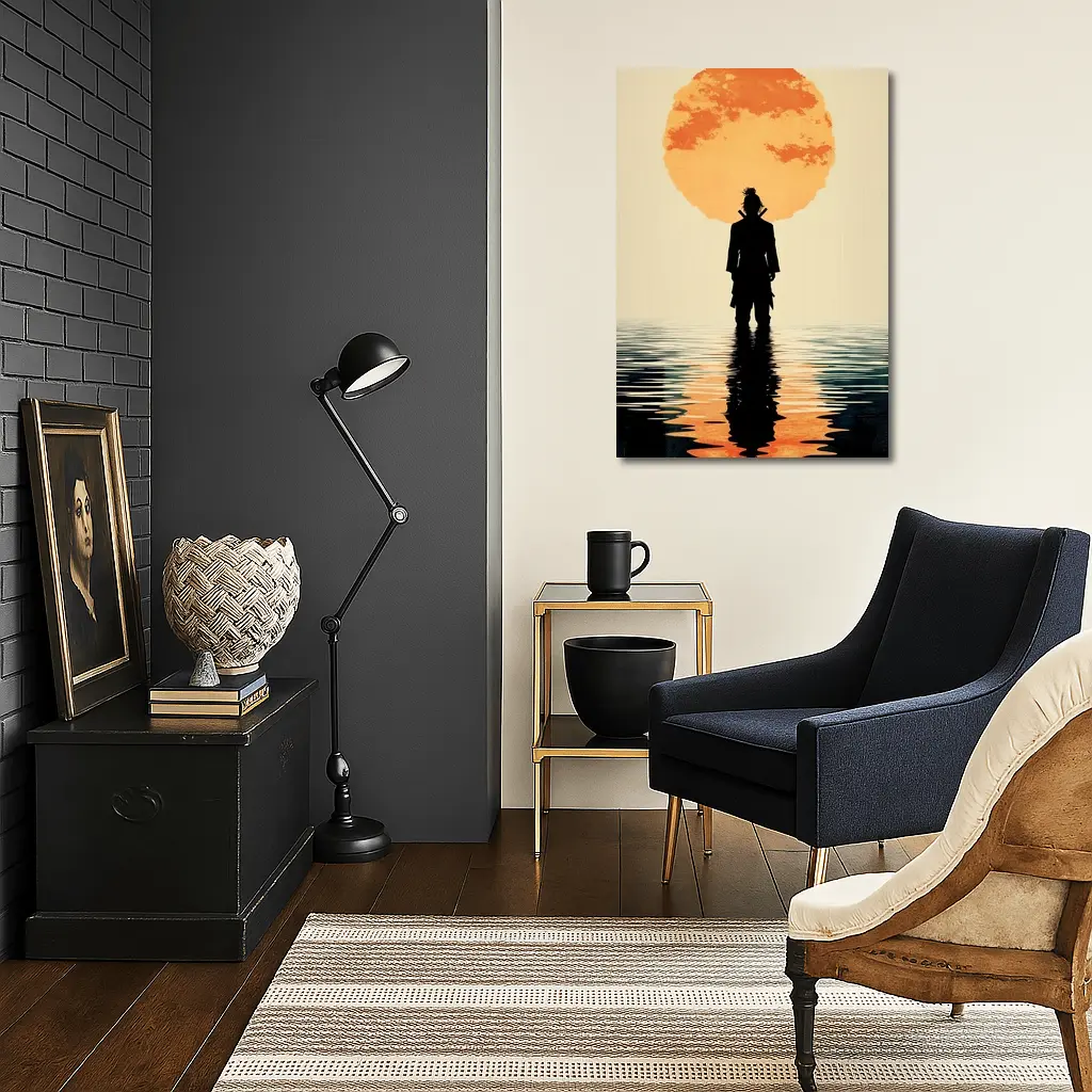 Samurai Silhouette Standing Before Orange Sun – Wall Art