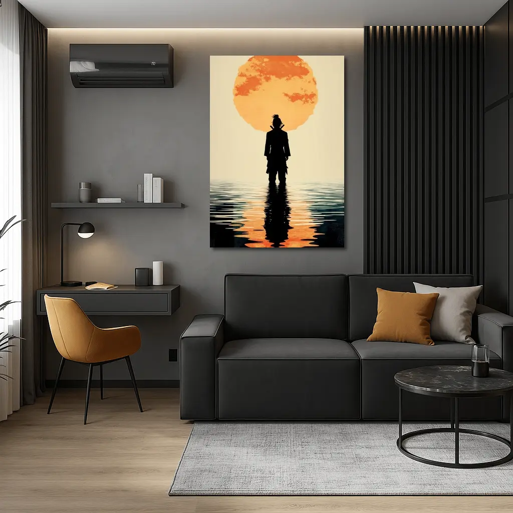 Samurai Silhouette Standing Before Orange Sun – Wall Art