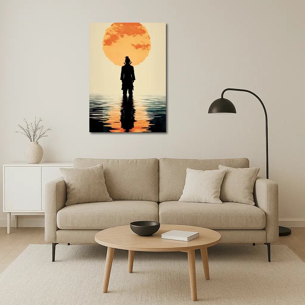 Samurai Silhouette Standing Before Orange Sun – Wall Art