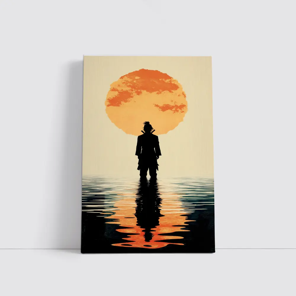 Samurai Silhouette Standing Before Orange Sun – Wall Art